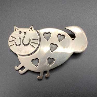 Vintage Cat Heart Sterling Silver Pin Brooch - image 1