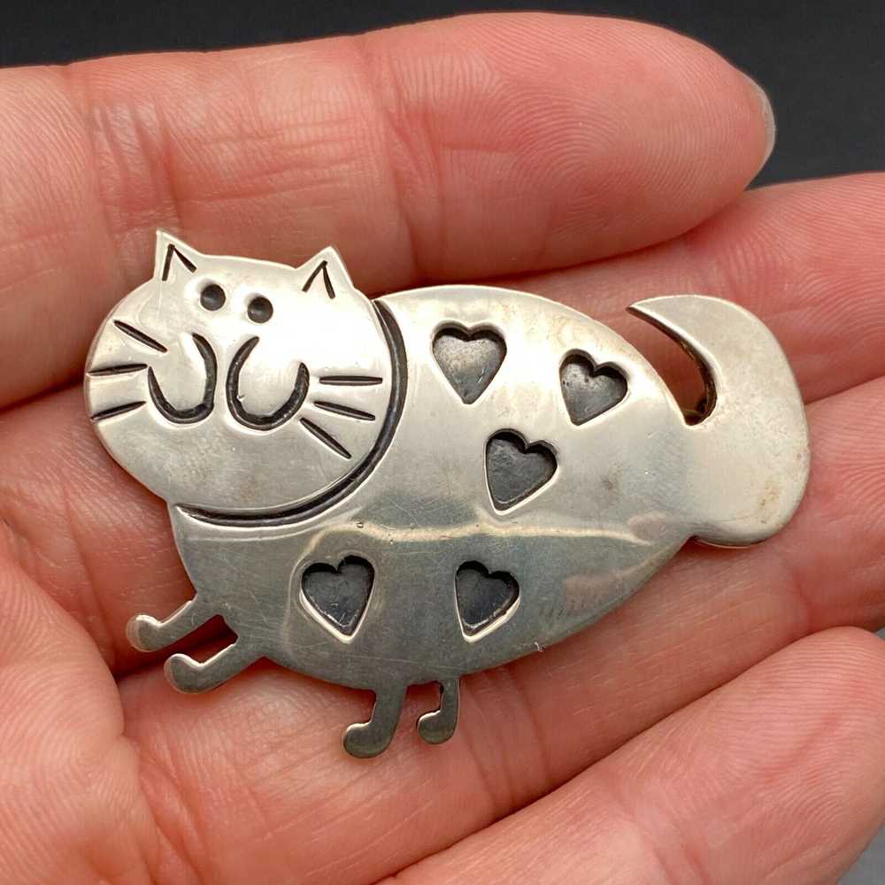 Vintage Cat Heart Sterling Silver Pin Brooch - image 8