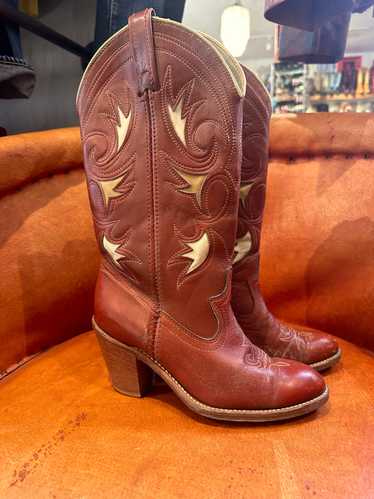 1970's Dingo Inlay Leaf Boots Tall Stacked Leather