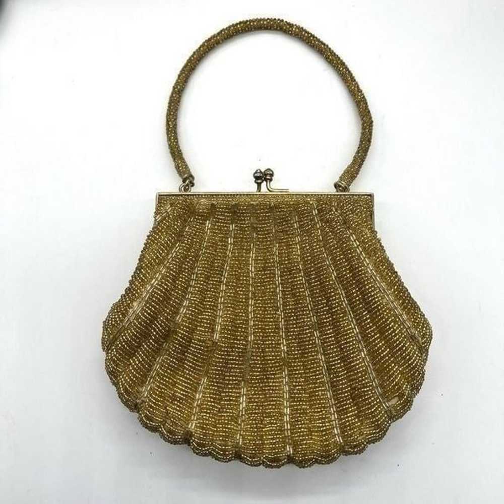 Vintage Gold Mid Century Beaded Clam Shell Shaped… - image 1
