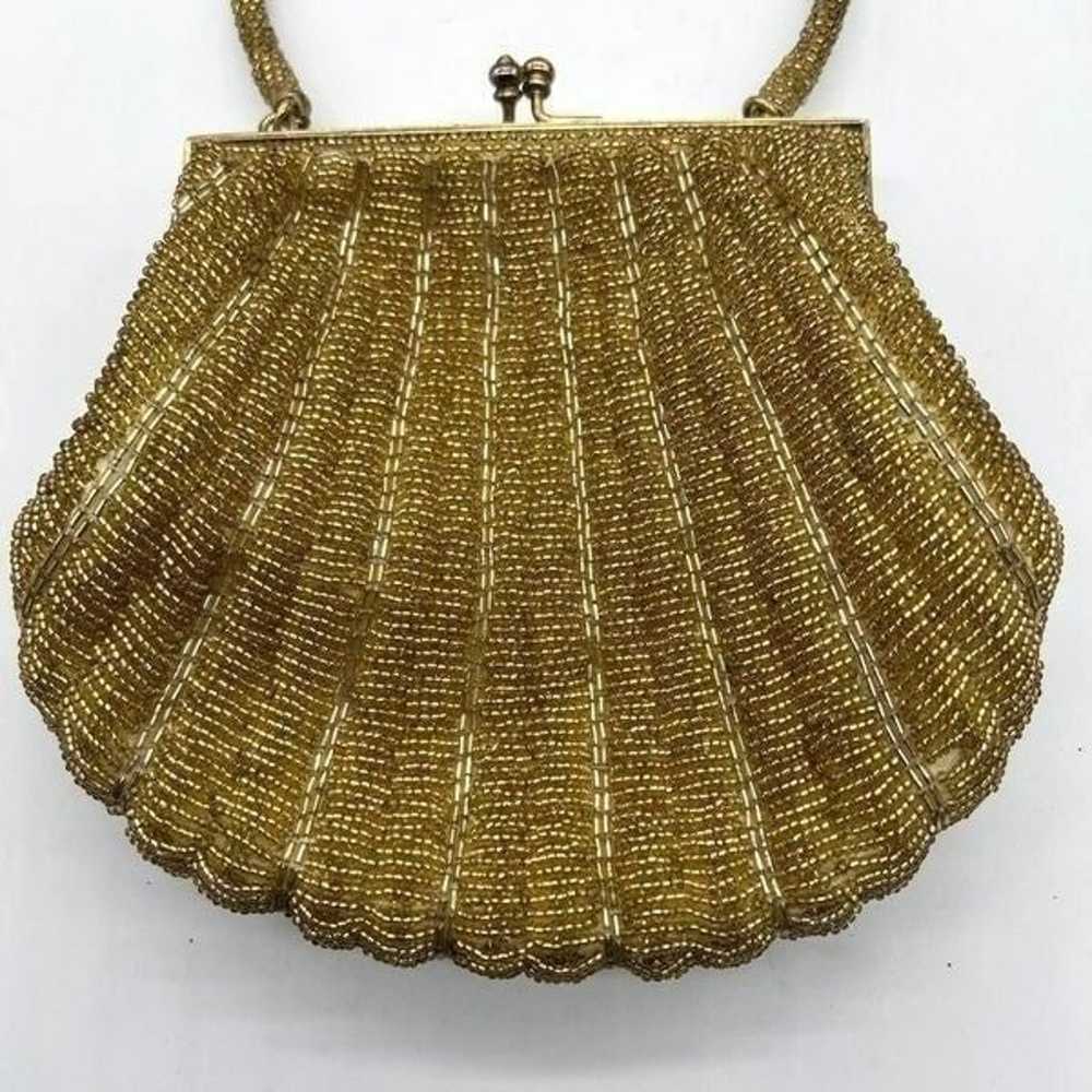 Vintage Gold Mid Century Beaded Clam Shell Shaped… - image 2