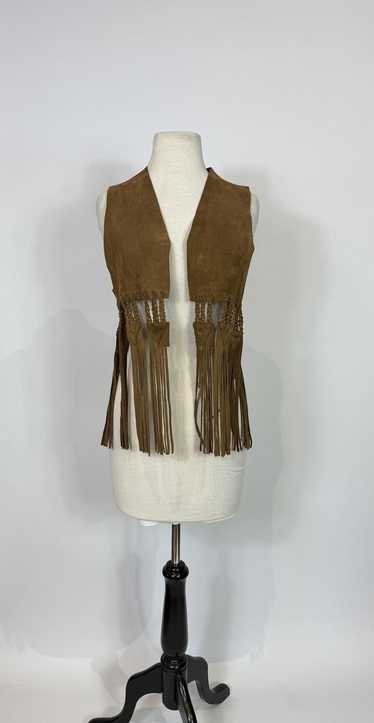 1970s Brown Suede Leather Braided Fringe Vest Hip… - image 1