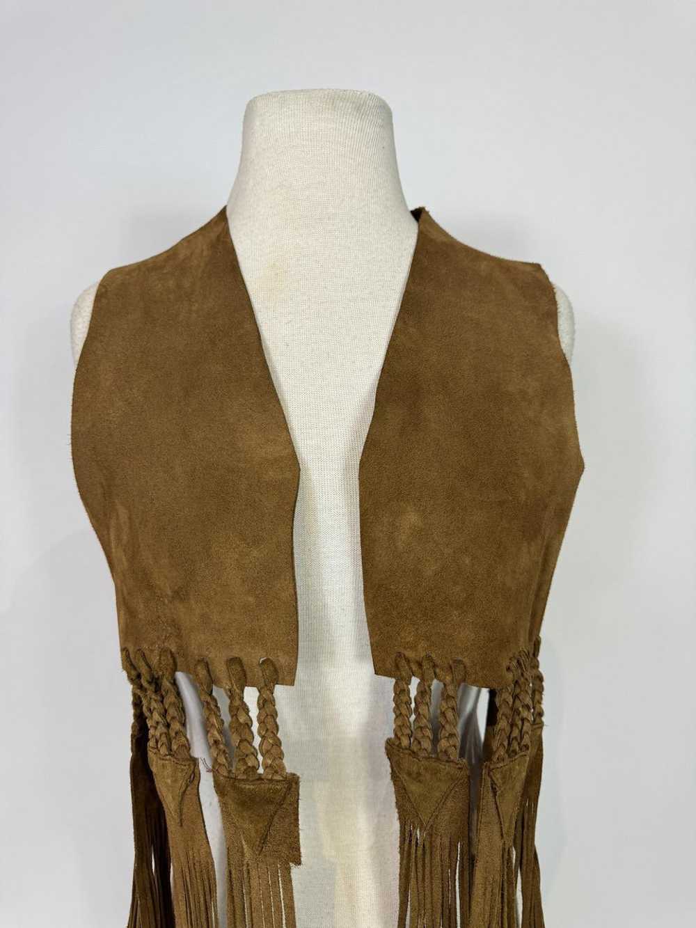 1970s Brown Suede Leather Braided Fringe Vest Hip… - image 2