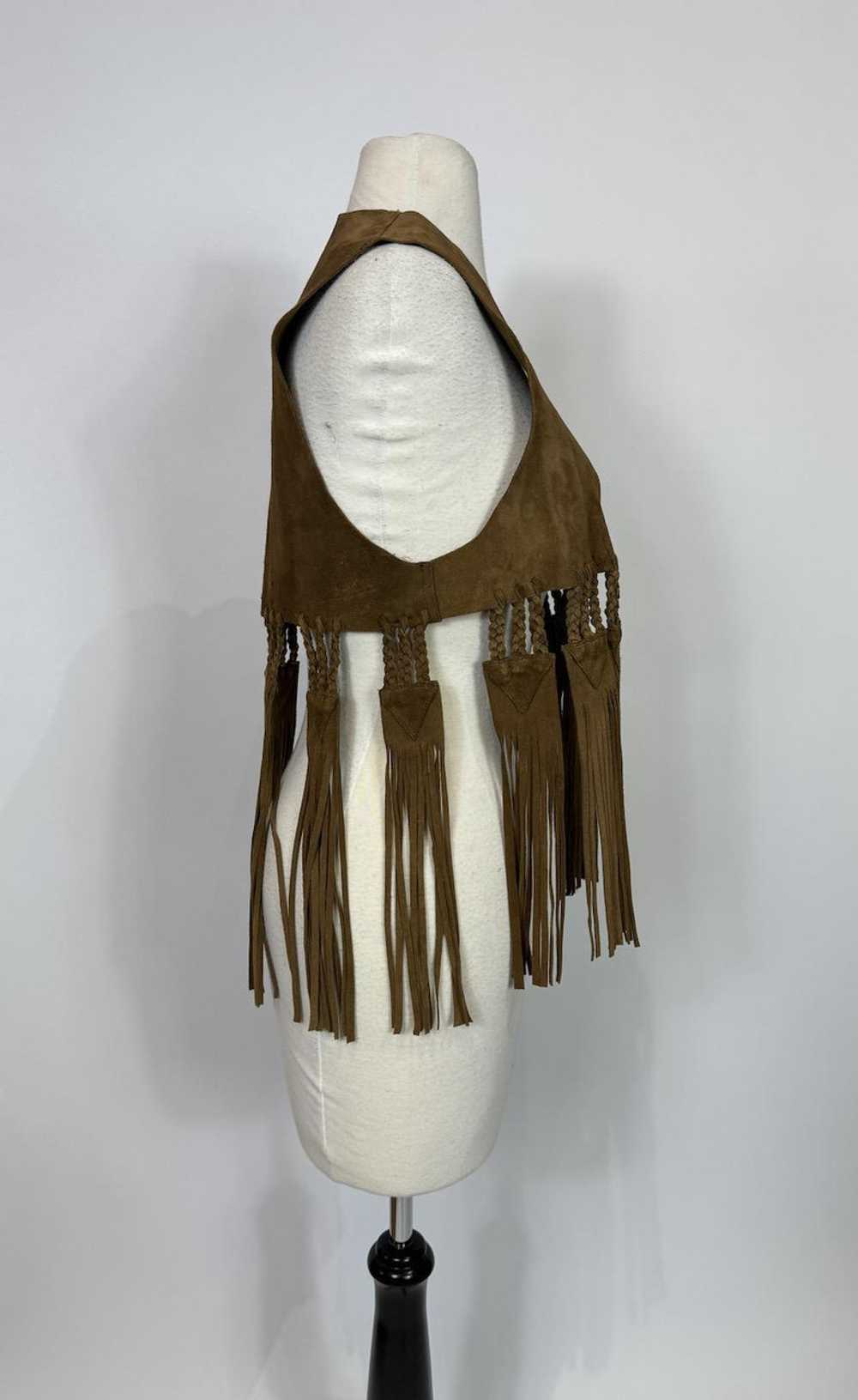 1970s Brown Suede Leather Braided Fringe Vest Hip… - image 4
