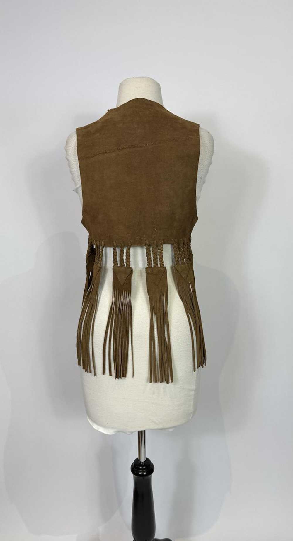1970s Brown Suede Leather Braided Fringe Vest Hip… - image 5