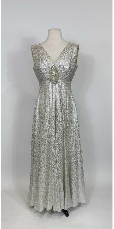 1970s Metallic Silver Brocade Beaded Maxi Gown