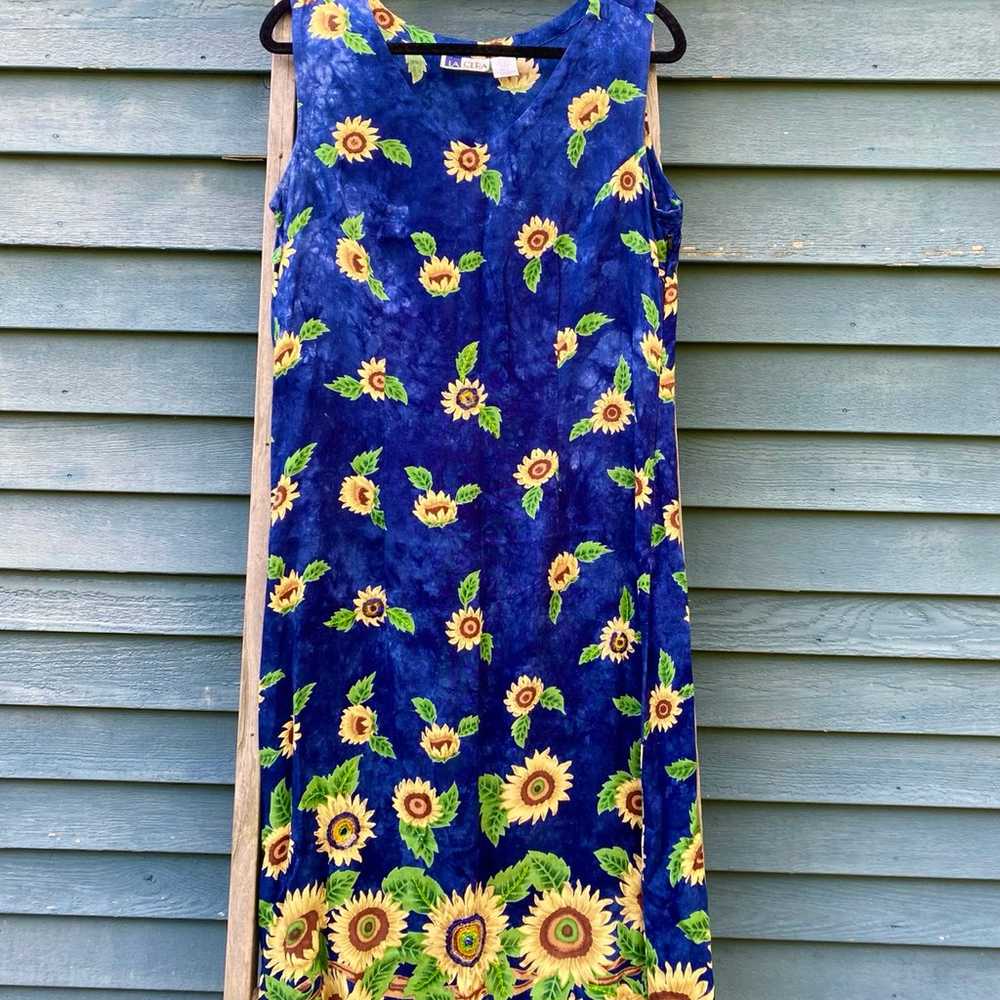 Vintage 90’s LA CERA blue sunflower maxi dress si… - image 1