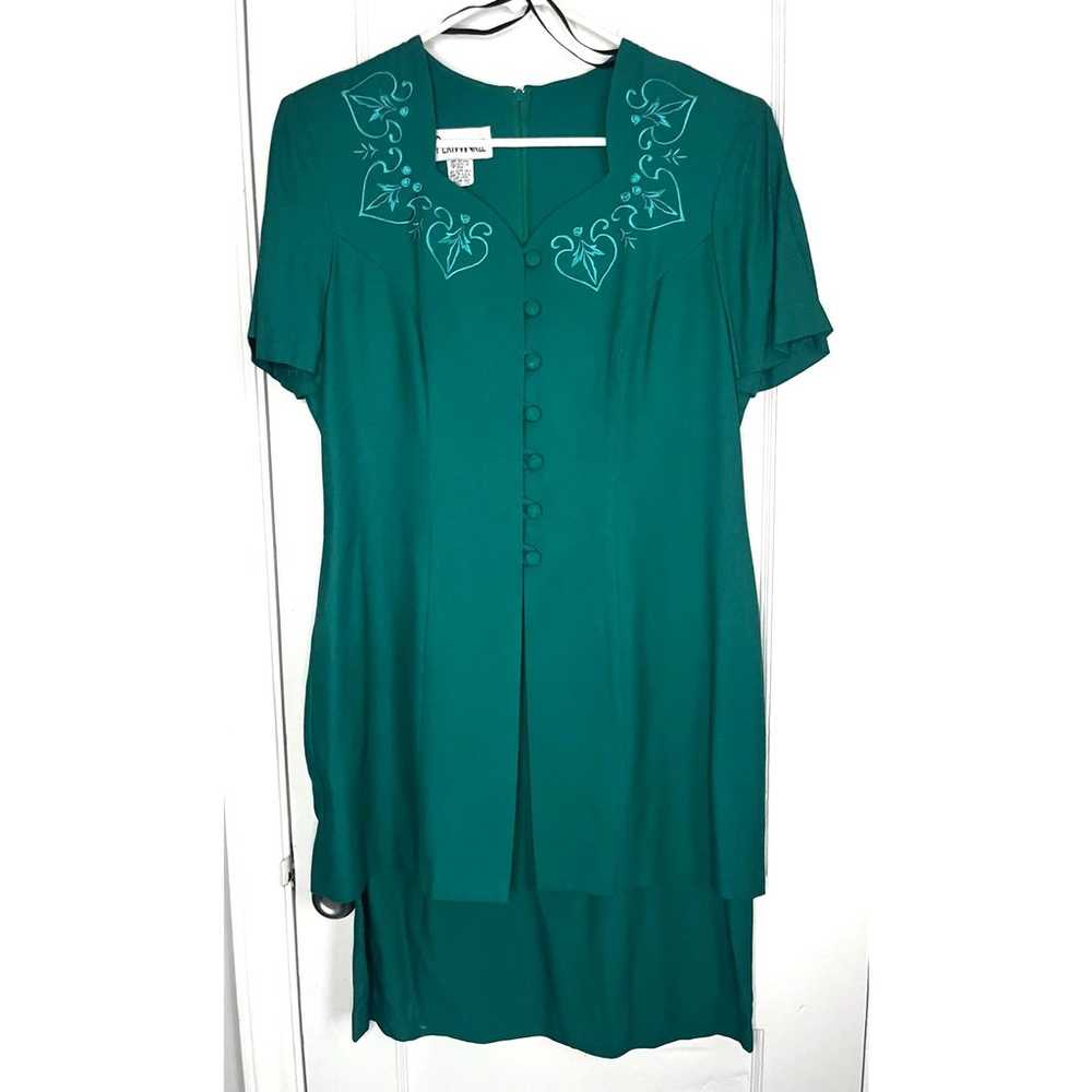 Vintage 90s Periwinkle Teal Green Embroidery Dres… - image 1