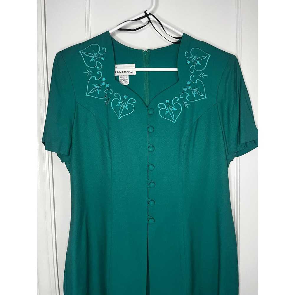 Vintage 90s Periwinkle Teal Green Embroidery Dres… - image 3