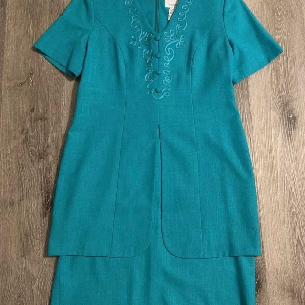 Vintage 90s Periwinkle Teal Green Embroidery Dres… - image 6