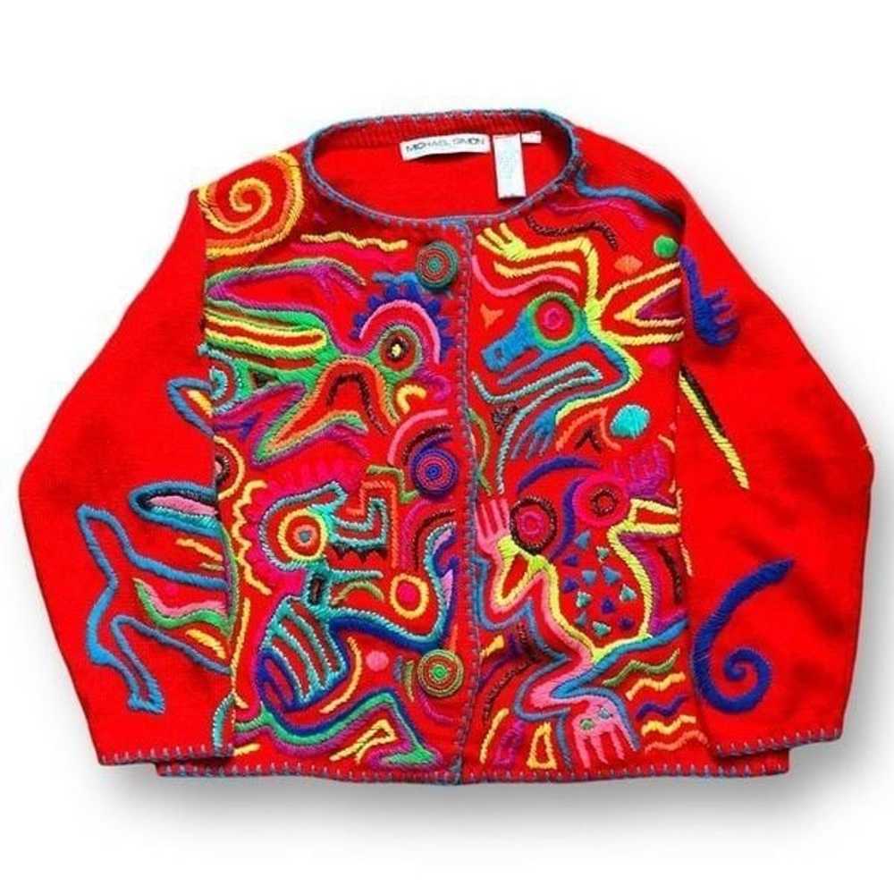 Vintage Michael Simon Cardigan Sweater Red Multic… - image 3