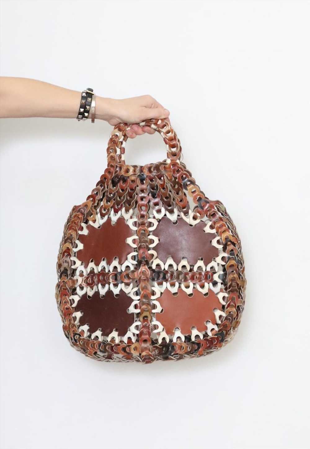70's Vintage Bag Brown White Loop Woven Leather H… - image 3