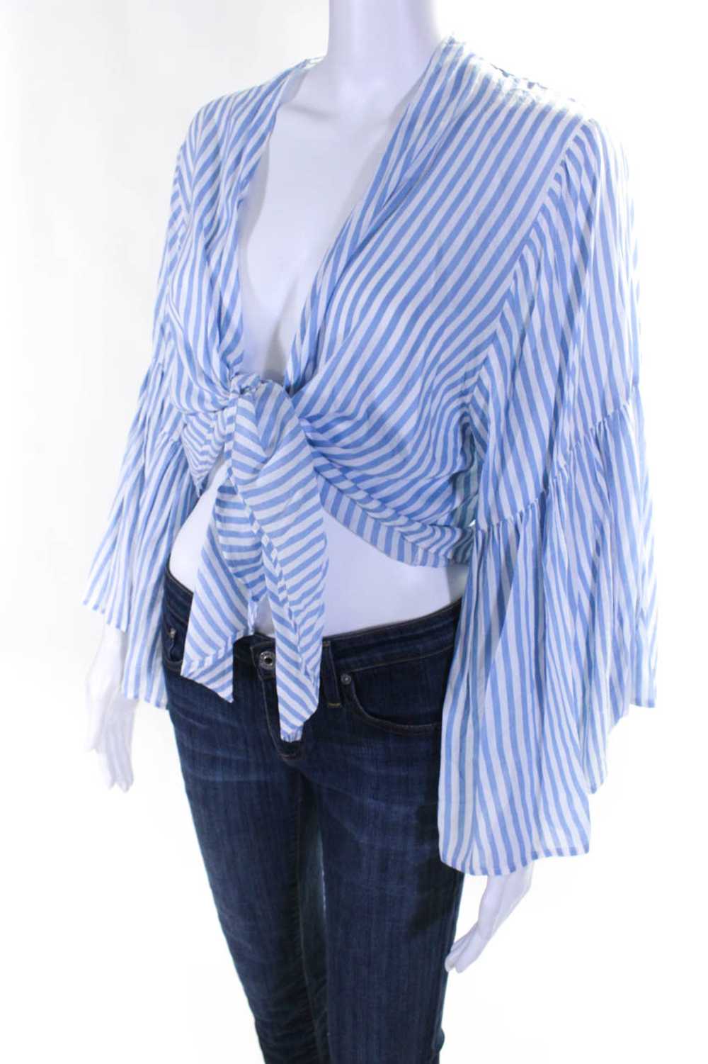 Elan Women's Bell Sleeves Wrap Blouse Blue Stripe… - image 2