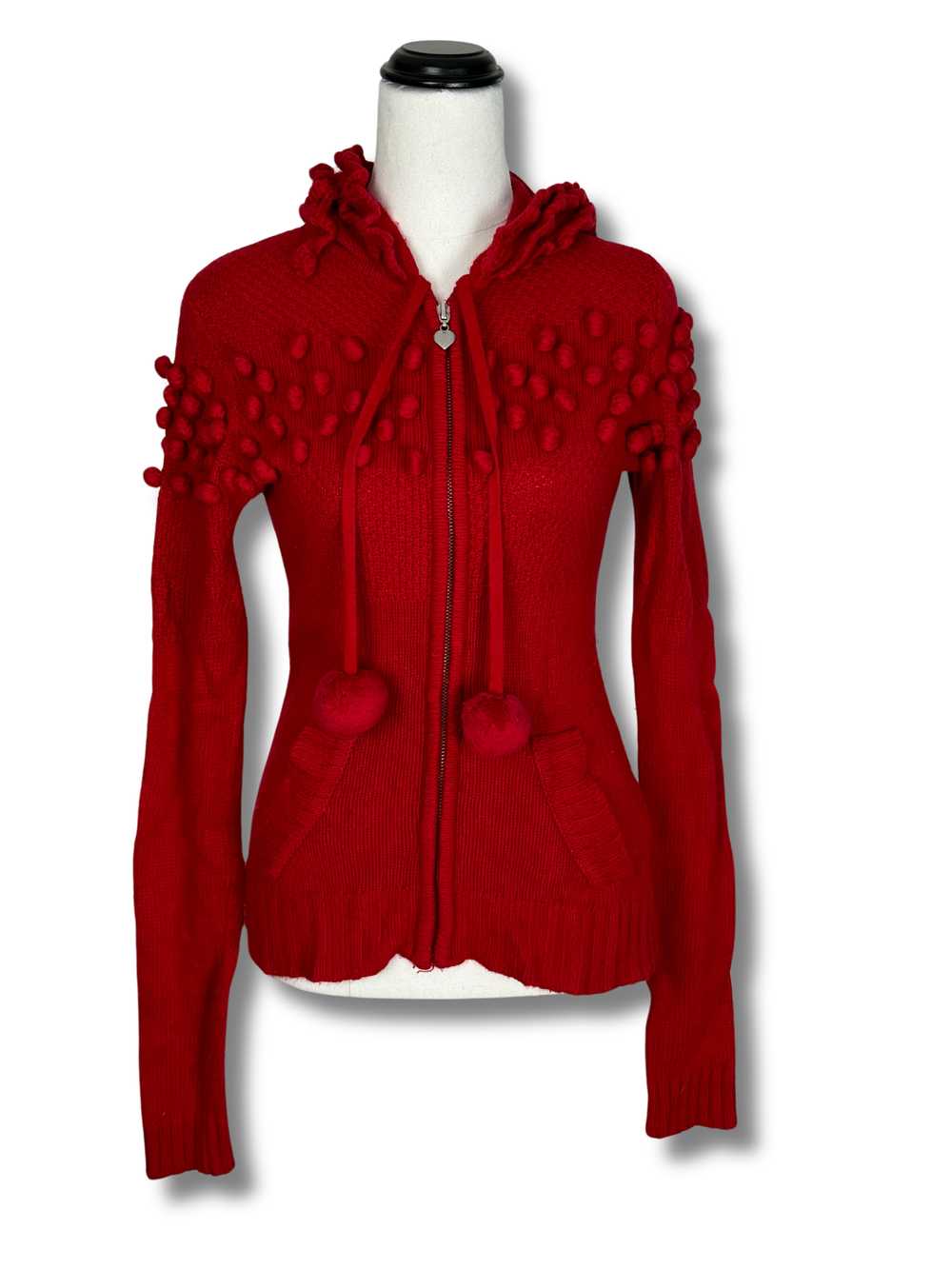 Alannah Hill Red Cardigan with Hood and Pom Poms - image 1