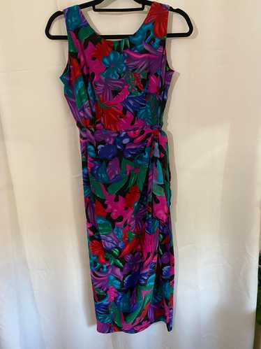 1980s Floral Print Silk Dress