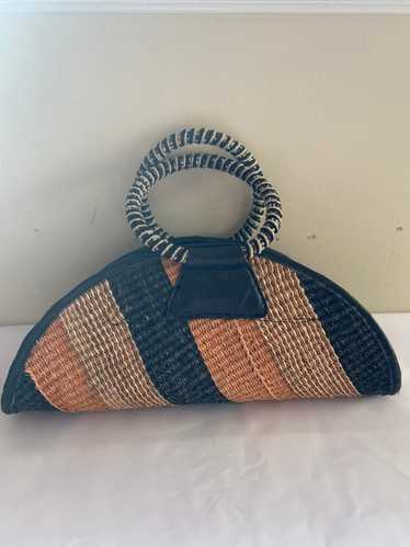 Striped Straw Bag with Beaded Handle