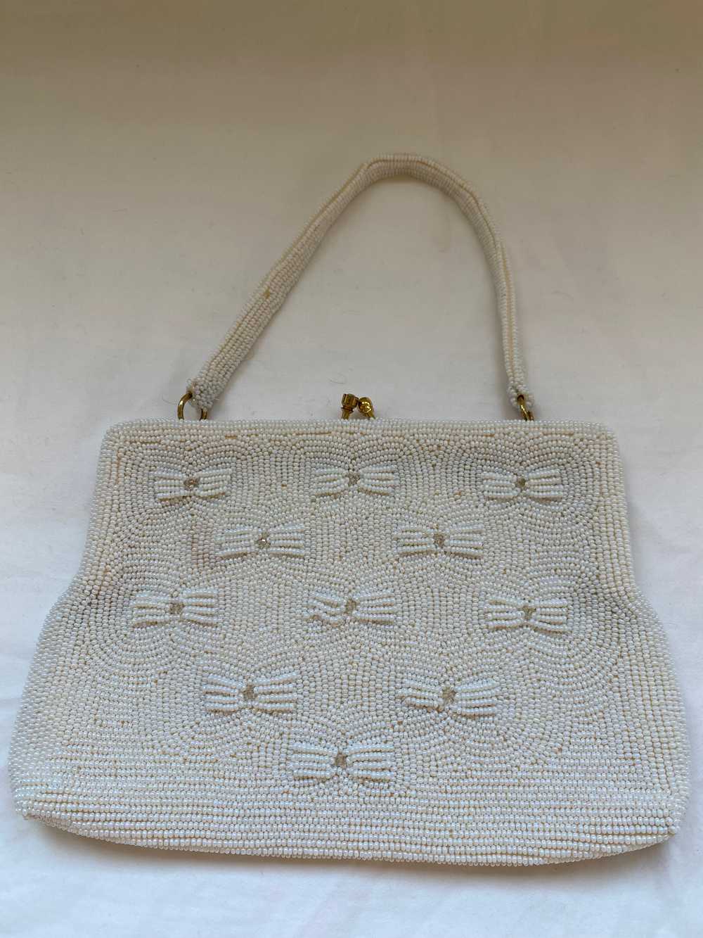 White Beaded Bow Bag with Beaded Handle - image 1
