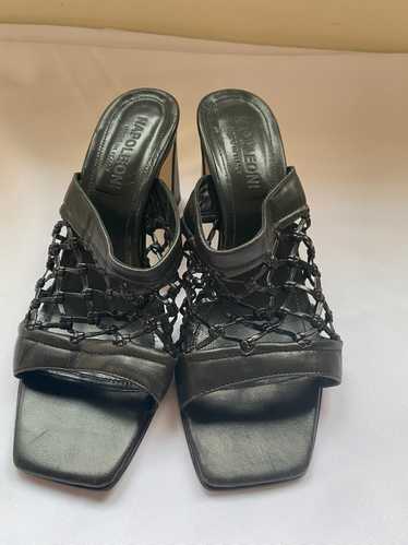 Black Leather Netted Napoleoni Mules