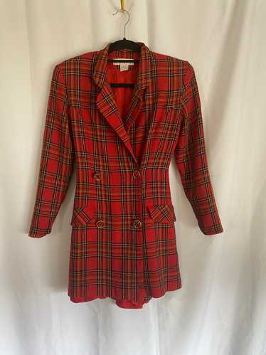 1990's Red Plaid Long Sleeve Suit Short Set
