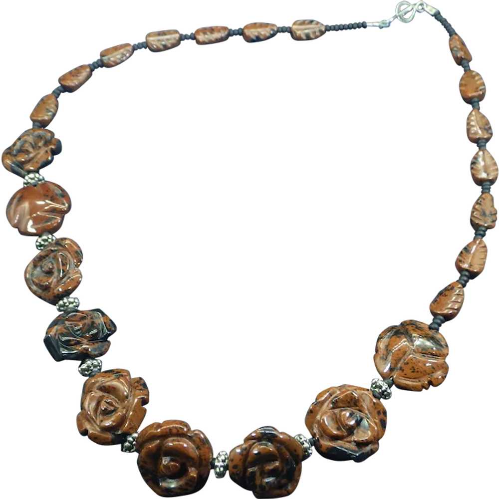 Semi Precious Gemstone Carved Roses Necklace, Art… - image 1