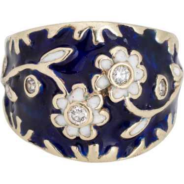 Vintage Diamond Enamel Flower Ring Sz 6.5 Wide Ci… - image 1