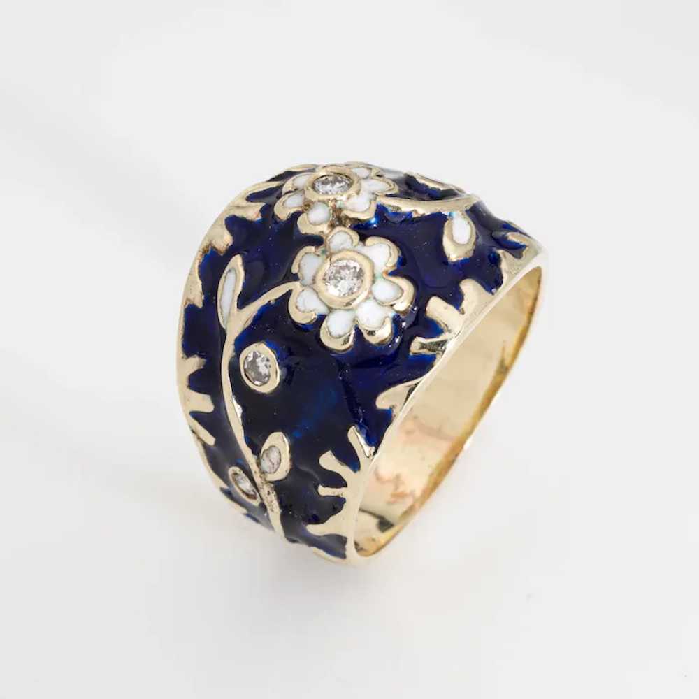 Vintage Diamond Enamel Flower Ring Sz 6.5 Wide Ci… - image 2