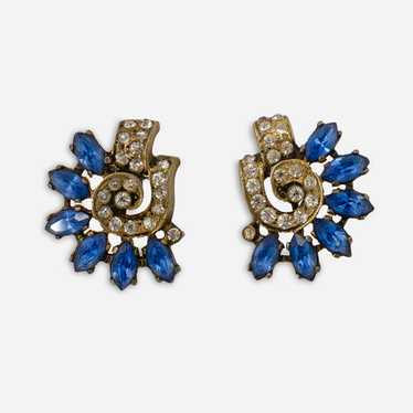 1940s Art Deco Earrings, Blue Sapphire Rhinestones - image 1