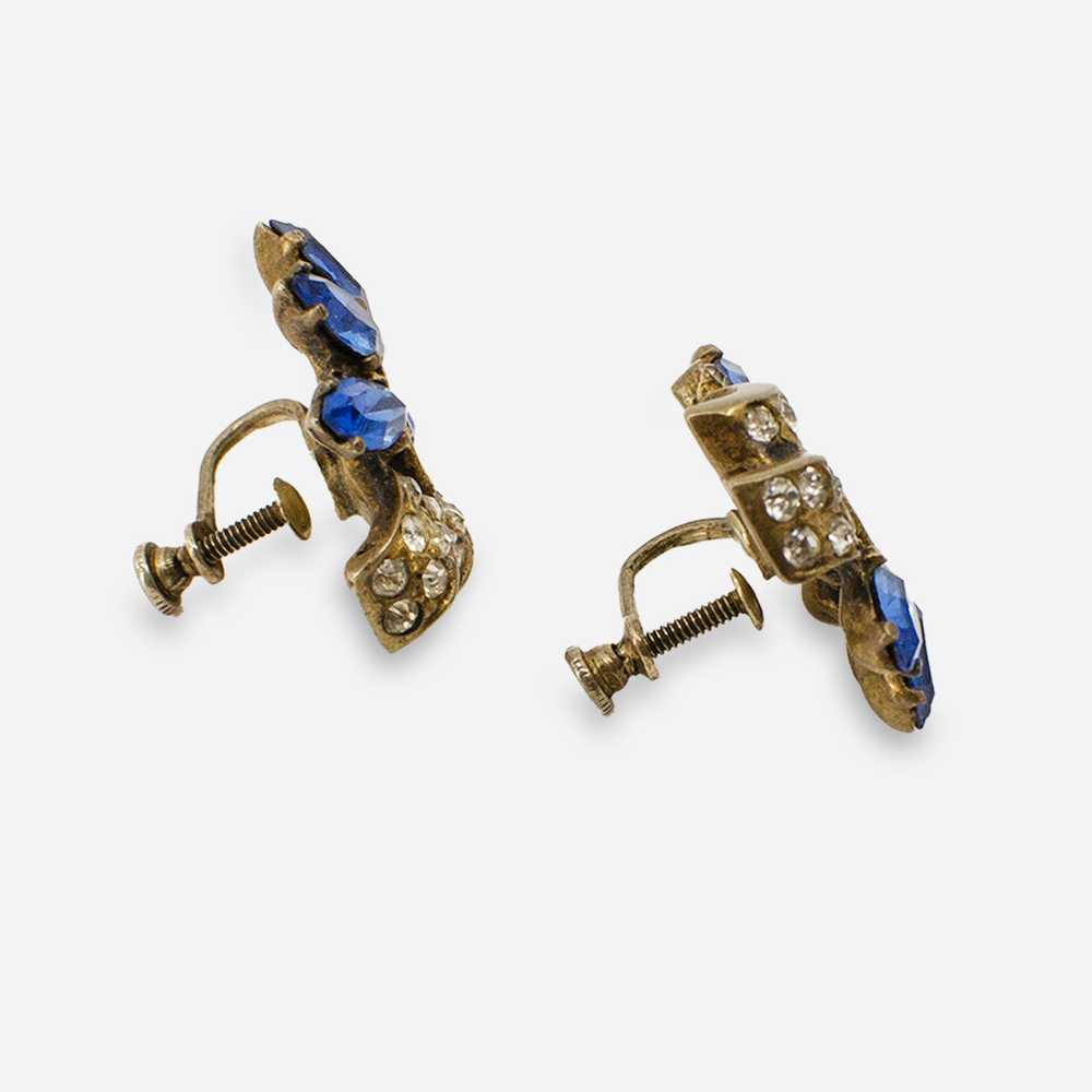 1940s Art Deco Earrings, Blue Sapphire Rhinestones - image 3