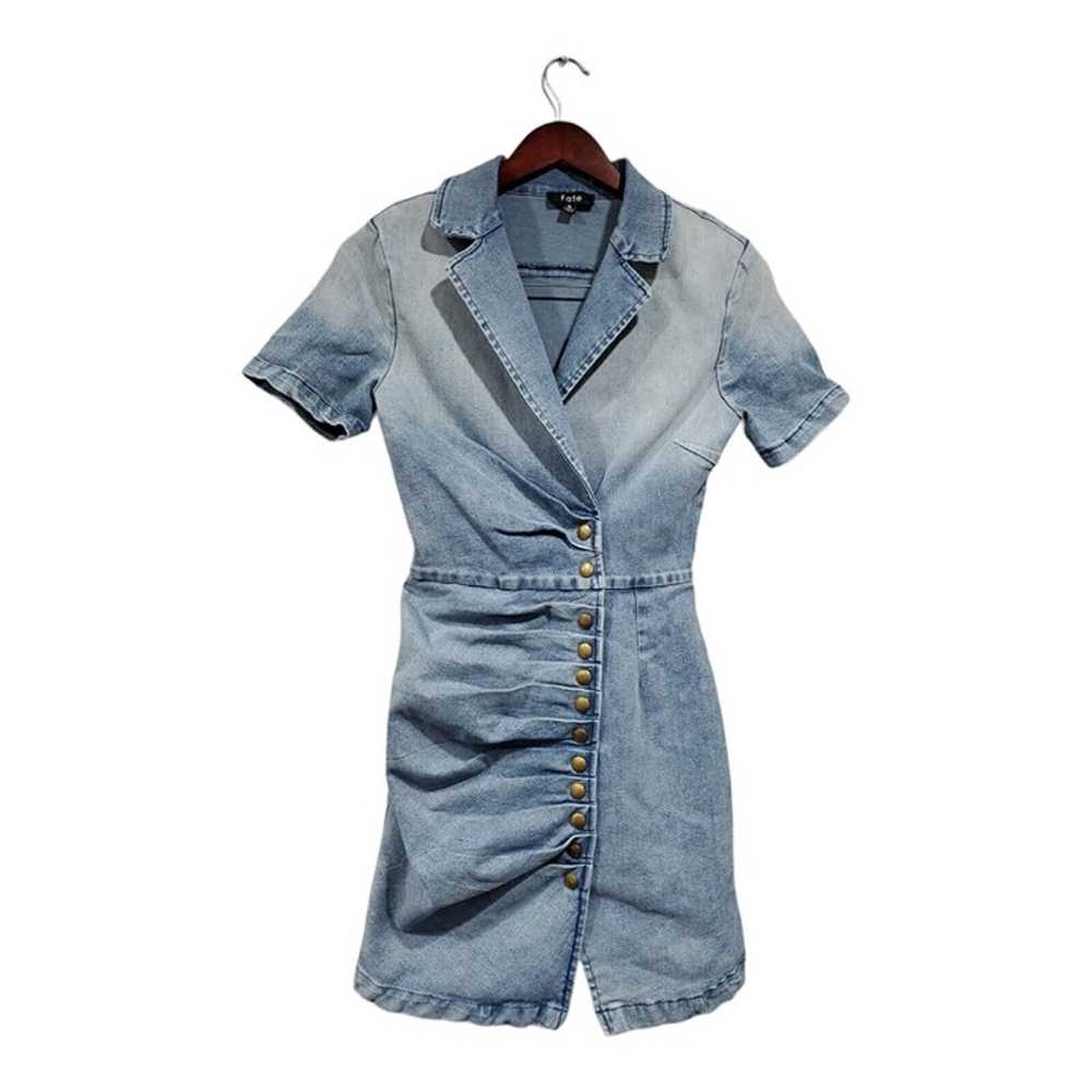 Fate Womens Blue Denim Mini Dress Ruched Button S… - image 1