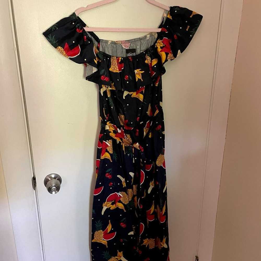 Retro off shoulder fruit dress in navy polka dot … - image 2