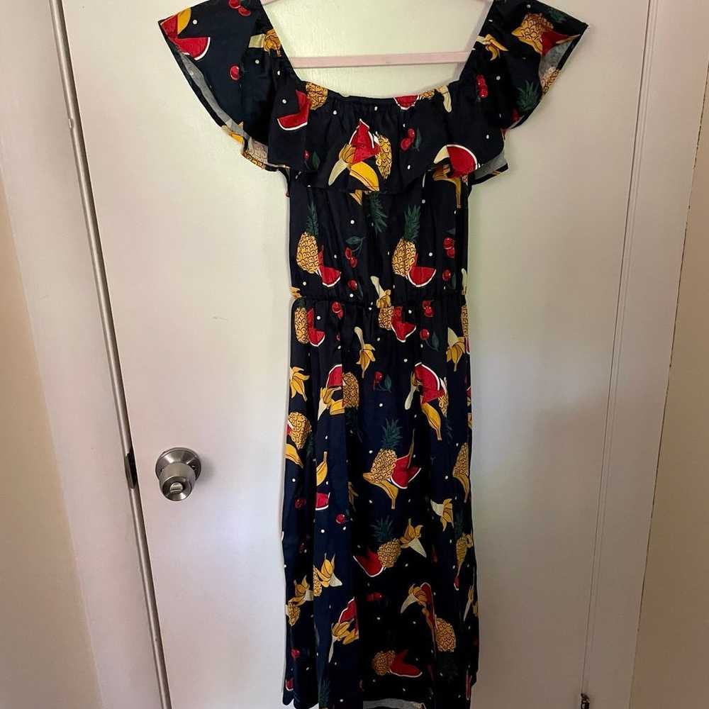 Retro off shoulder fruit dress in navy polka dot … - image 3