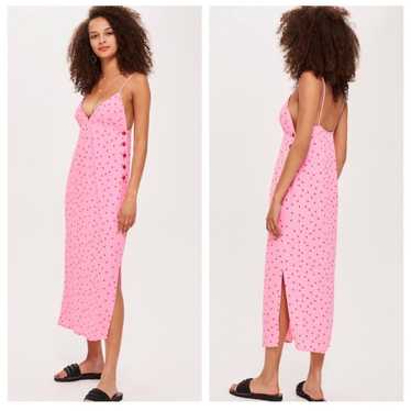 Topshop Pink Polka Dot Midi Slip Dress Size 10 - image 1