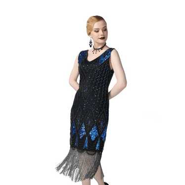 1920s Gatsby Flapper Sequin Art Deco Blue and Bla… - image 1