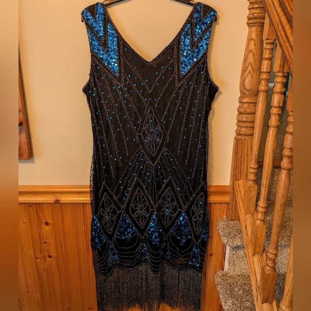 1920s Gatsby Flapper Sequin Art Deco Blue and Bla… - image 2