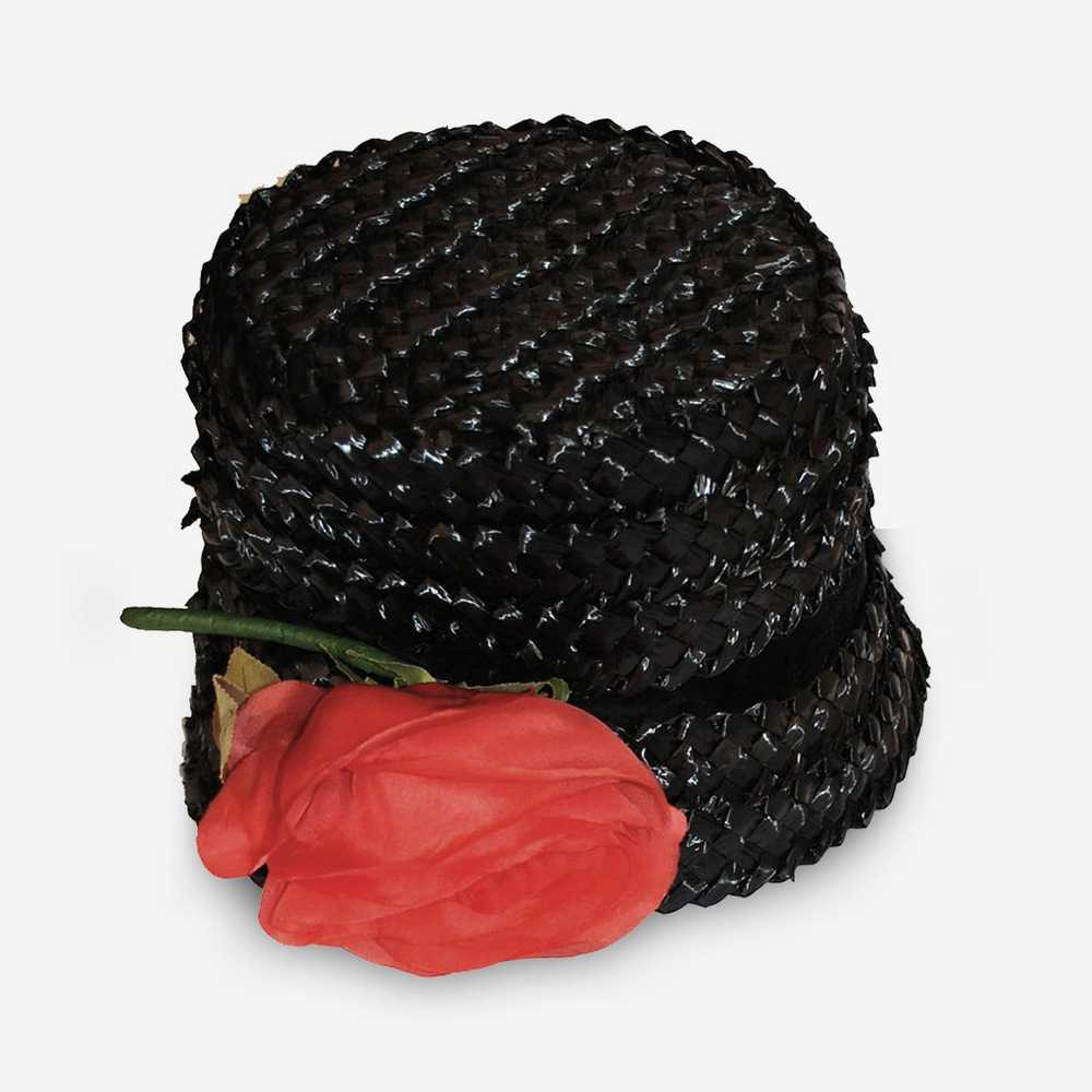 Black Straw Bucket Hat, Silk Red Rose - image 1