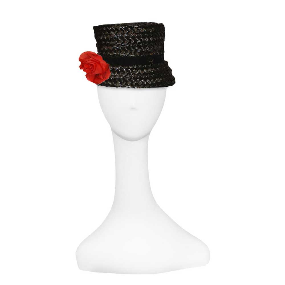 Black Straw Bucket Hat, Silk Red Rose - image 2