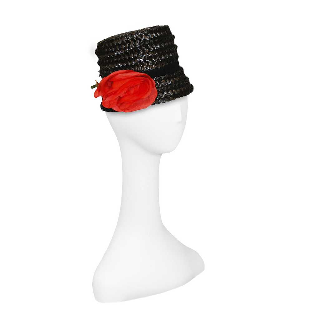 Black Straw Bucket Hat, Silk Red Rose - image 3