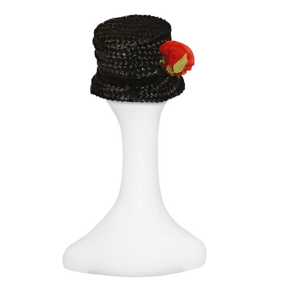 Black Straw Bucket Hat, Silk Red Rose - image 4