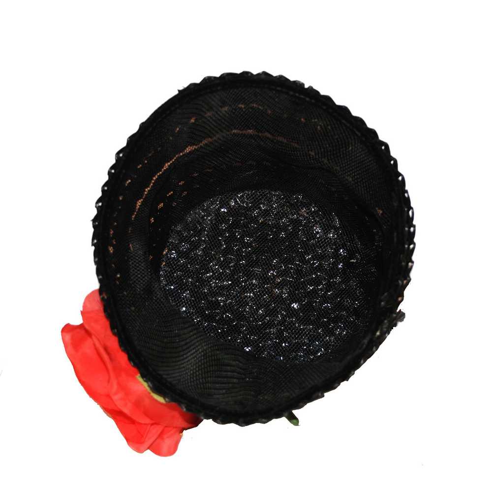 Black Straw Bucket Hat, Silk Red Rose - image 5