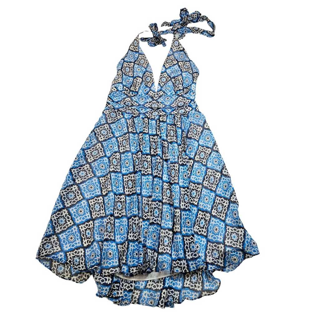 Milly Women's Blue Mosaic Print V-neck Halter 100… - image 1