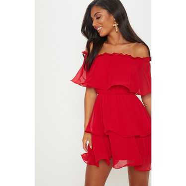 PrettyLittleThing Red Off the Shoulder Chiffon Tie