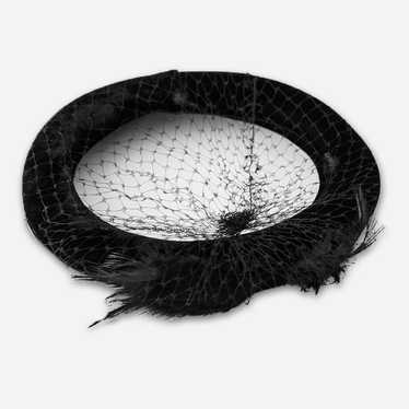 Vintage Ring Hat, Black Velvet & Feathers with Vei