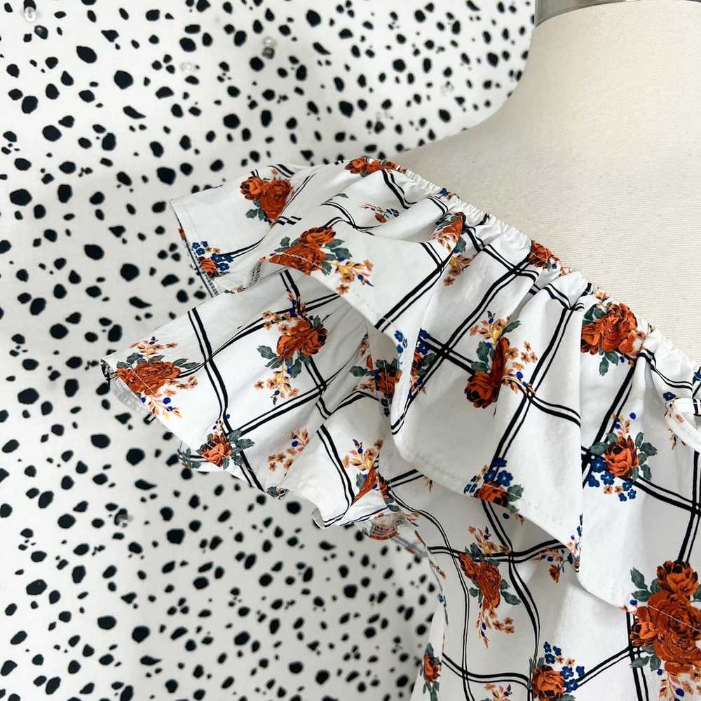 ZARA | Ruffle Floral Print Windowpane Grid White … - image 3