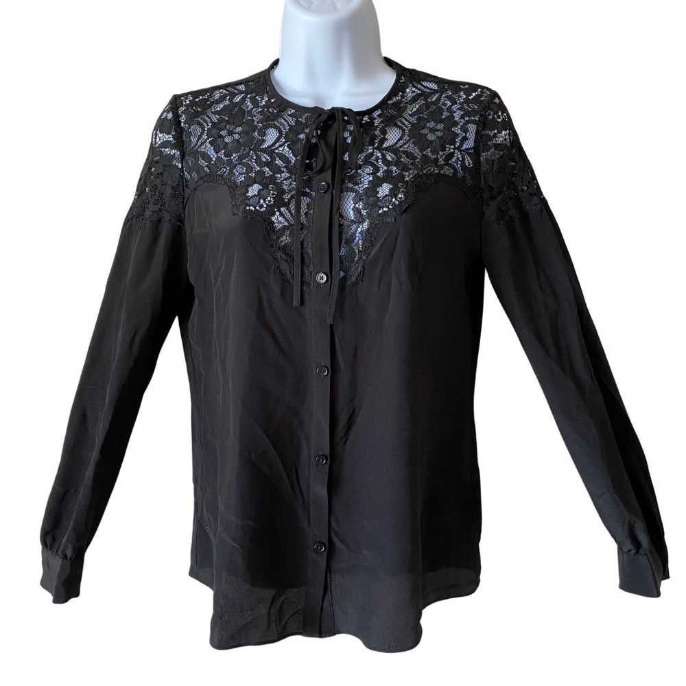 REBECCA TAYLOR Blouse Silk Lace Button Up Tie Bla… - image 1