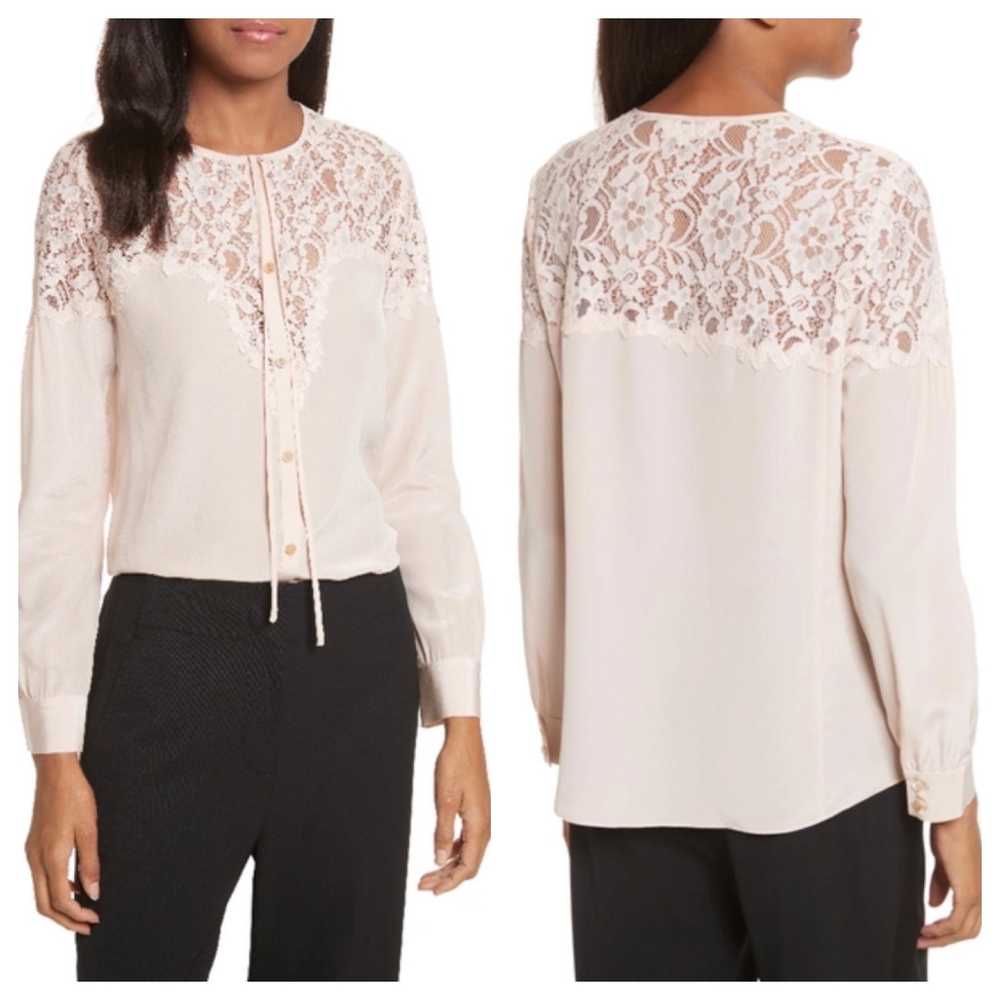 REBECCA TAYLOR Blouse Silk Lace Button Up Tie Bla… - image 2