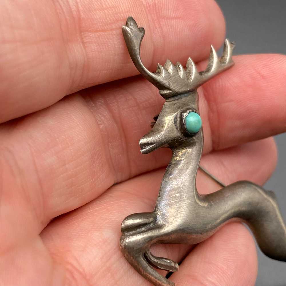 Vintage Deer Turquoise Mexico Silver Pin Brooch - image 10