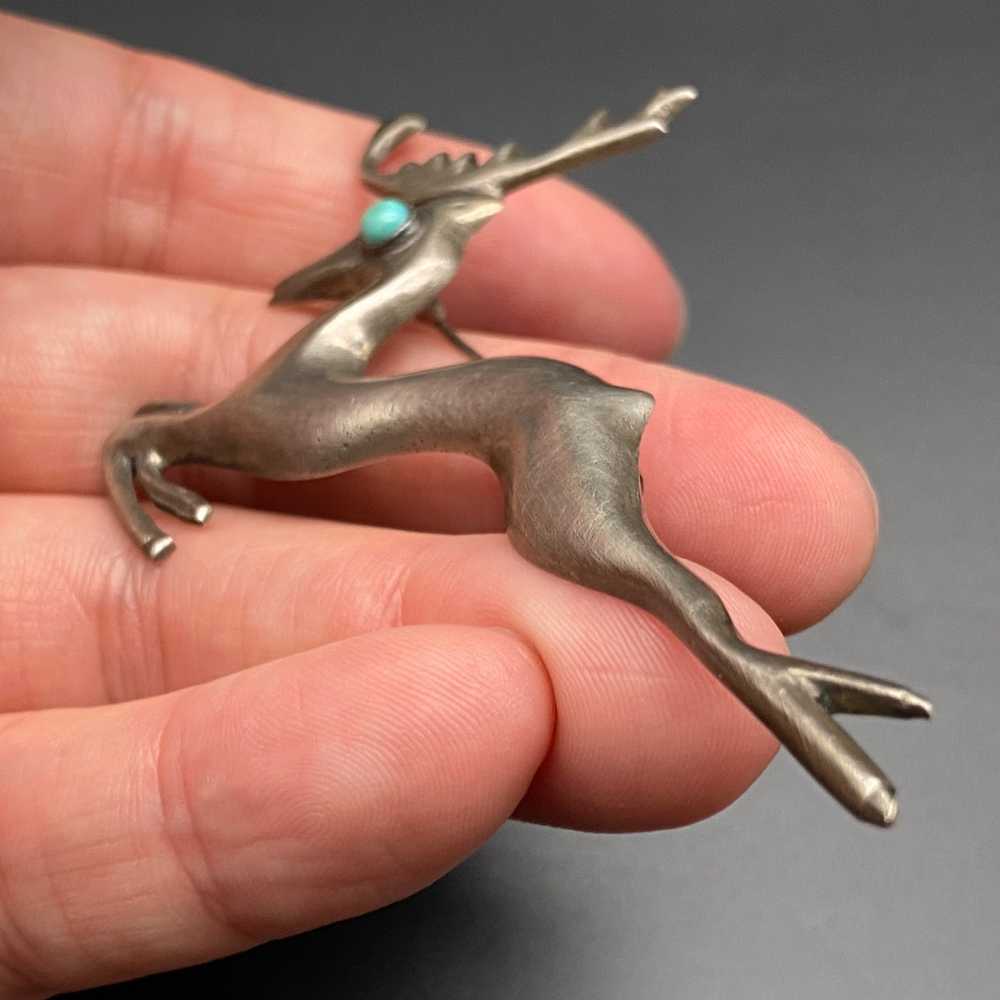 Vintage Deer Turquoise Mexico Silver Pin Brooch - image 11