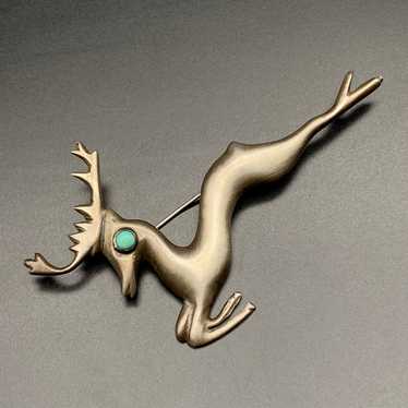 Vintage Deer Turquoise Mexico Silver Pin Brooch - image 1