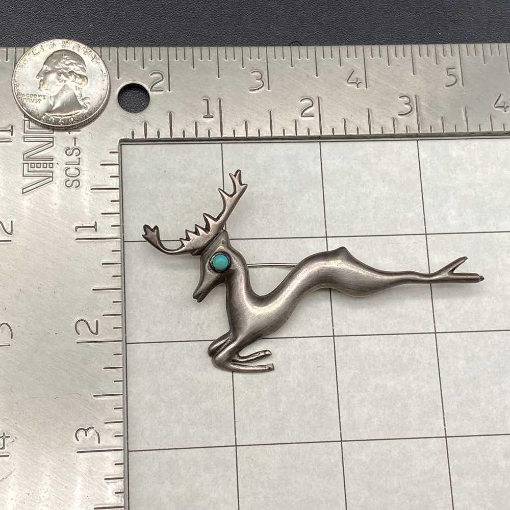 Vintage Deer Turquoise Mexico Silver Pin Brooch - image 3