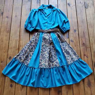Vintage 70's 80's M two piece blue and paisley pr… - image 1